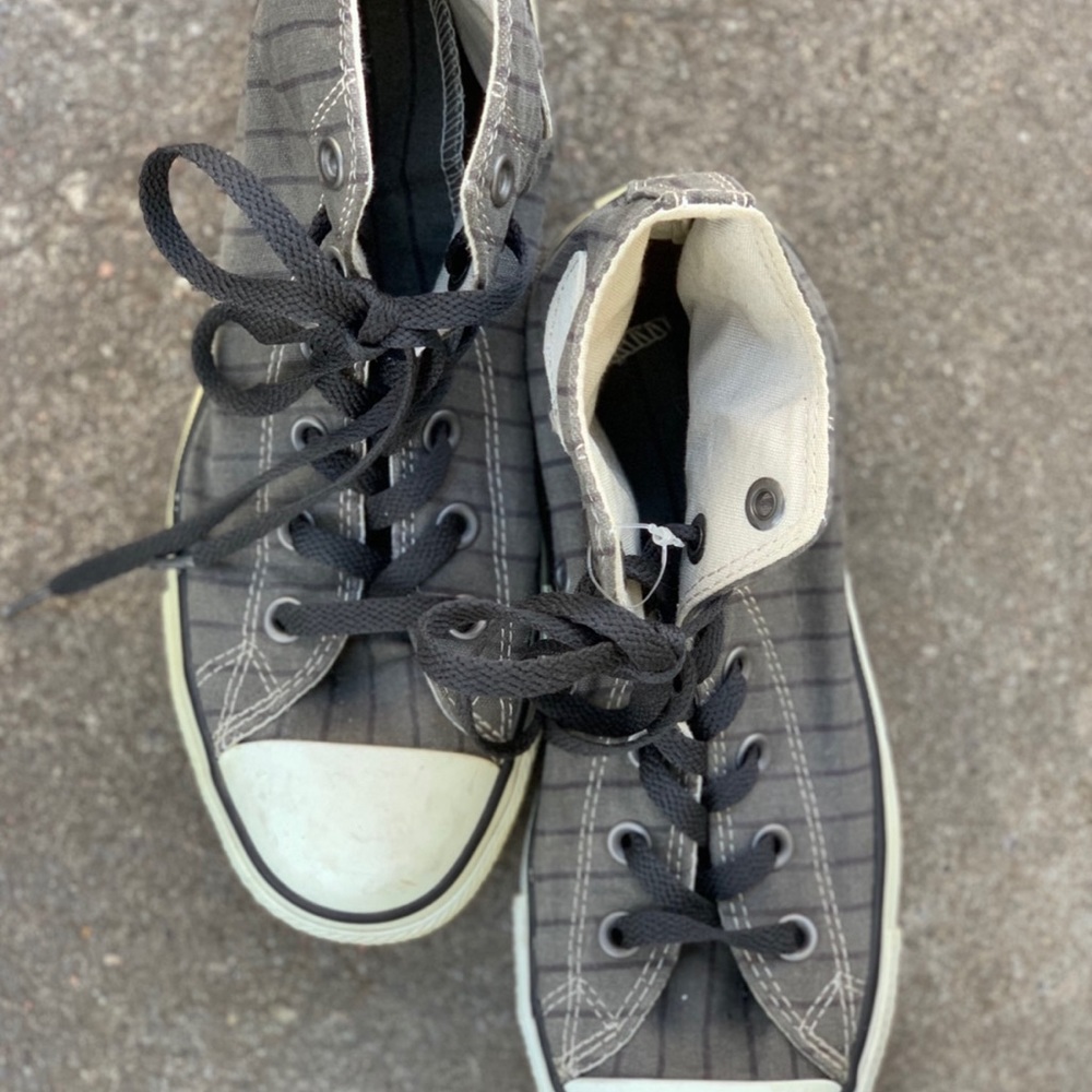 Grey with black pin-stripped high cut Converse sneakers (fits like size 9)